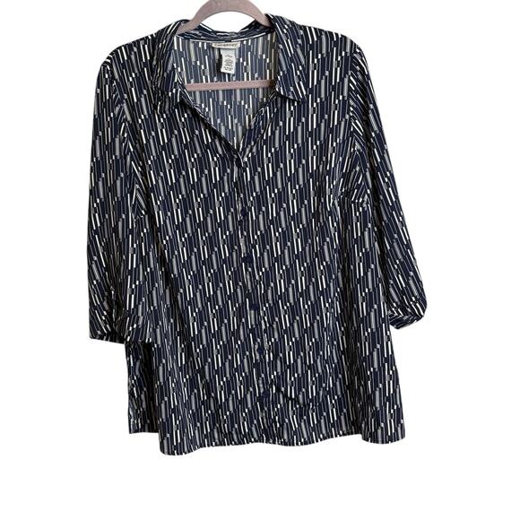 Catherines Women's Blue Geometric Button Up Top Size 14/16 Preppy Flowy Career - Picture 1 of 12